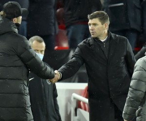 epa09636909 Aston Villa manager Steven Gerrard (R) greets Liverpool manager Jurgen Klopp (L) after the English Premier League match between Liverpool and Aston Villa in Liverpool, Britain, 11 December 2021.  EPA/PETER POWELL EDITORIAL USE ONLY. No use with unauthorized audio, video, data, fixture lists, club/league logos or 'live' services. Online in-match use limited to 120 images, no video emulation. No use in betting, games or single club/league/player publications