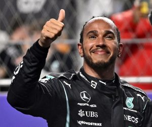 epa09621927 British Formula One driver Lewis Hamilton of Mercedes-AMG Petronas celebrates at parc ferme after taking the pole position in the qualifying for the 2021 Formula One Grand Prix of Saudi Arabia at the Jeddah Corniche Circuit in Jeddah, Saudi Arabia, 04 December 2021. The inaugural Formula One Grand Prix of Saudi Arabia will take place on 05 December 2021.  EPA/STR