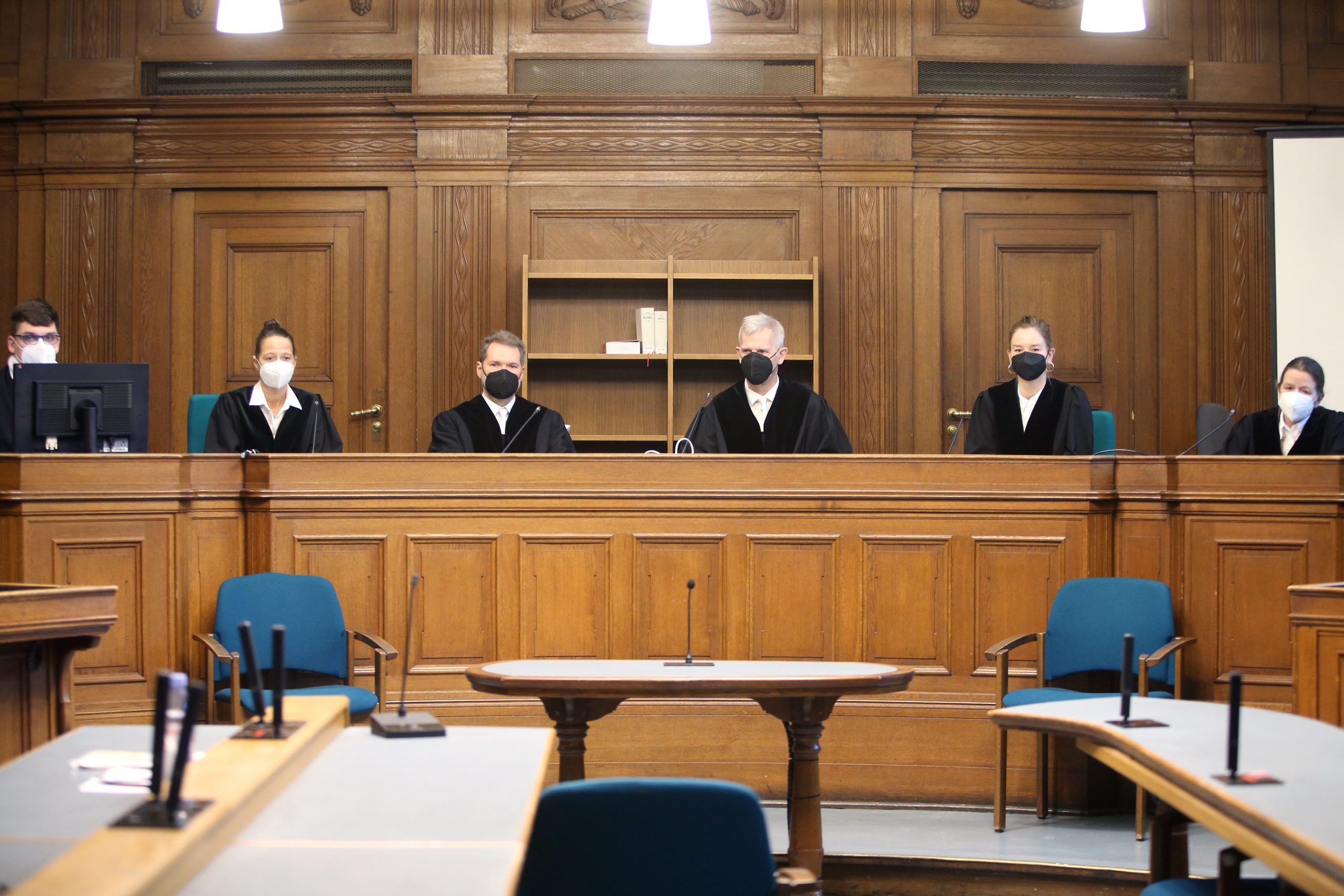 epa09642873 The judges sit for for the proclamation of the verdict in the murder trial against Vadim Krasikov, in Berlin, Germany, 15 December 2021. The court sentenced Russian Vadim Krasikov, aka Vadim Sokolov, in absentia to life in prison in the trial dubbed 'Tiergarten Murder' for killing a Georgian of Chechen origin in Berlin's Tiergarten park in August 2019. Further, the State Protection Chamber considered it proven that the defendant committed the crime on behalf of Russian state agencies.  EPA/Mika Savolainen / POOL