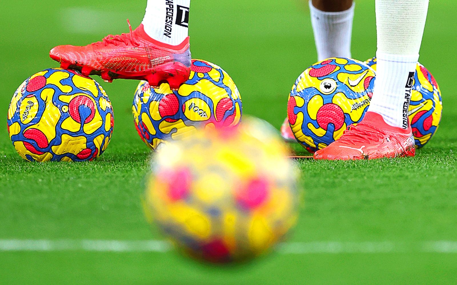 epa09645504 The boots of Newcastle's Allan Saint-Maximin before the English Premier League soccer match between Liverpool FC and Newcastle United in Liverpool, Britain, 16 December 2021.  EPA/Lynne Cameron EDITORIAL USE ONLY. No use with unauthorized audio, video, data, fixture lists, club/league logos or 'live' services. Online in-match use limited to 120 images, no video emulation. No use in betting, games or single club/league/player publications