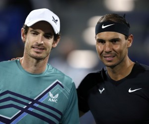 epa09647059 Andy Murray (L) of Great Britain and Rafael Nadal of Spain before their semi final match during the Mubadala World Tennis Championship at the International Tennis Centre, Zayed Sports City in Abu Dhabi, United Arab Emirates, 17 December 2021.  EPA/ALI HAIDER