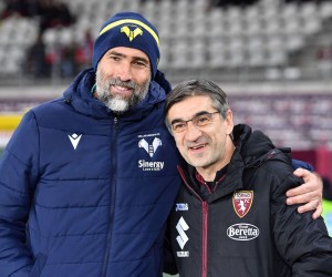 epa09650734 Torino coach Ivan Juric (R) and Hellas Verona coach Igor Tudor during the Italian Serie A soccer match Torino FC vs Hellas Verona FC at the Olimpico Grande Torino Stadium in Turin, Italy, 19 december 2021.  EPA/ALESSANDRO DI MARCO