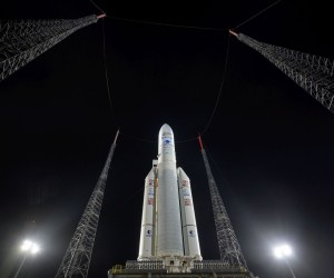 epa09656352 A handout photo made available by the NASA shows Arianespace's Ariane 5 rocket with NASA’s James Webb Space Telescope onboard, at the launch pad at Europe’s Spaceport, the Guiana Space Center in Kourou, French Guiana, 23 December 2021 (issued 25 December 2021). The James Webb Space Telescope (sometimes called JWST or Webb) is a large infrared telescope with a 21.3 foot (6.5 meter) primary mirror. The observatory will study every phase of cosmic history from within our solar system to the most distant observable galaxies in the early universe.  EPA/NASA/Bill Ingalls HANDOUT MANDATORY CREDIT: (NASA/Bill Ingalls) HANDOUT EDITORIAL USE ONLY/NO SALES