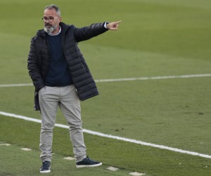 Cadiz's head coach Alvaro Cervera reacts during the Spanish La Liga soccer match between Real Madrid and Cadiz at the Alfredo di Stefano stadium in Madrid, Spain, Saturday, Oct. 17, 2020. (AP Photo/Bernat Armangue)
