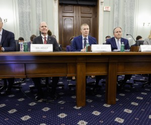epa09644010  (L-R) American Airlines CEO Doug Parker, Southwest Airlines CEO Gary Kelly, United Airlines CEO Scott Kirby, Delta Air Lines Executive Vice President John Laughter and Association of Flight Attendants-CWA International President Sara Nelson testify before the Senate Commerce, Science, and Transportation in the Russell Senate Office Building on Capitol Hill in Washington, DC, USA, 15 December 2021. The air transportation executives testified about the current state of the US airline industry during the oversight hearing.  EPA/Chip Somodevilla / POOL