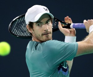 epa09647065 Andy Murray of Great Britain eyes the ball during his semi final match against Rafael Nadal of Spain during the Mubadala World Tennis Championship at the International Tennis Centre, Zayed Sports City in Abu Dhabi, United Arab Emirates, 17 December 2021.  EPA/ALI HAIDER