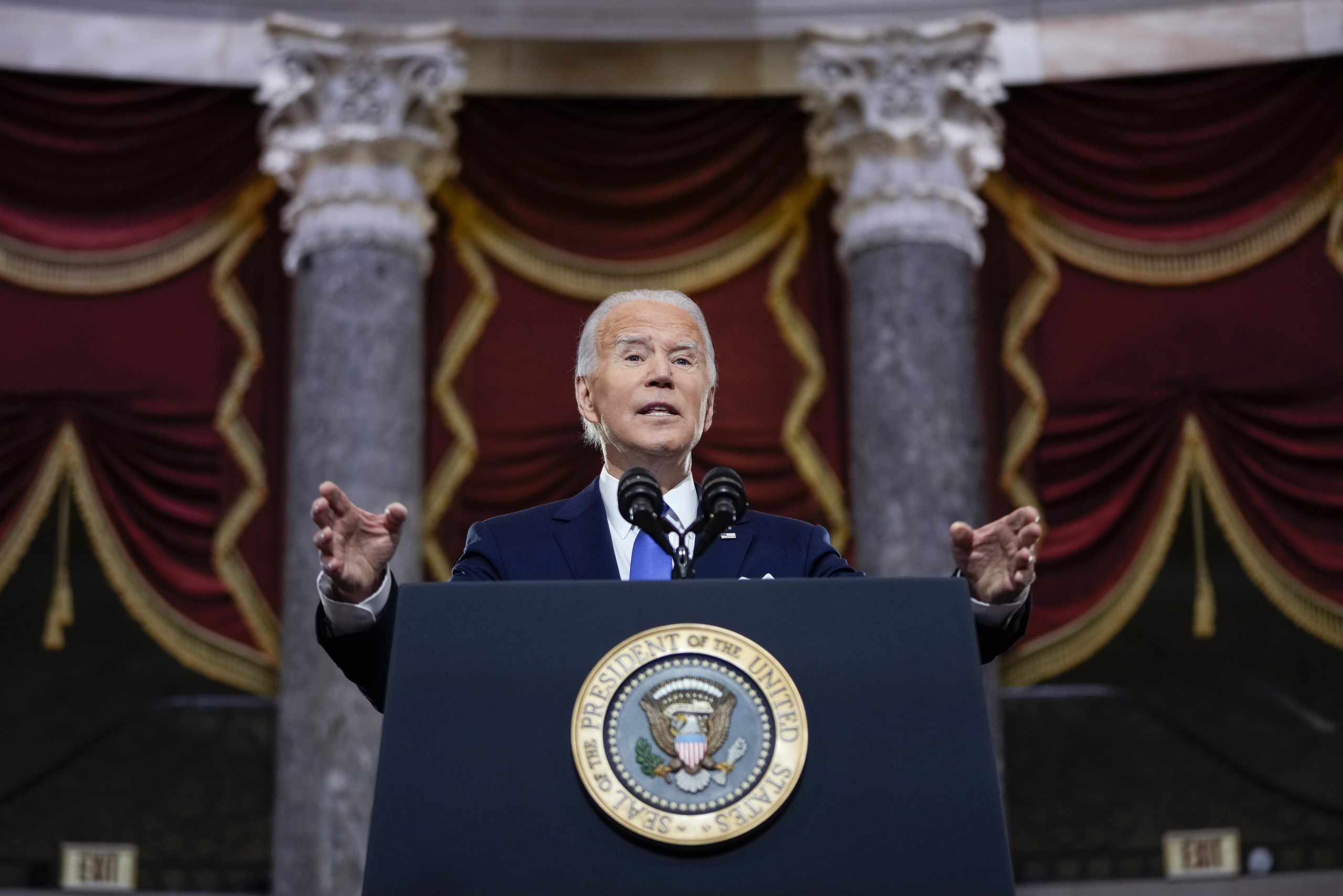 epa09669957 U.S. President Joe Biden delivers remarks on the one year anniversary of the January 6th attack on the U.S. Capitol, during a ceremony in Statuary Hall at the U.S. Capitol in Washington, DC., USA, 06 January 2022. On 06 January 2021, supporters of President Donald Trump attacked the U.S. Capitol Building in an attempt to disrupt a congressional vote to confirm the electoral college win for Joe Biden.  EPA/Drew Angerer / POOL