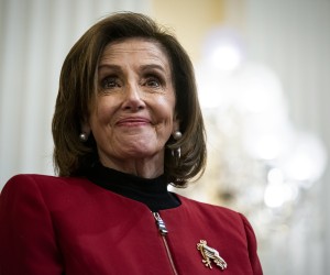 epa09670514 House Speaker Nancy Pelosi (D-Calif.) listens to a video with the cast of Hamilton the musical, during a discussion with historians Goodwin and Jon Meacham, on Capitol Hill in Washington, DC, USA, on 06 January, 2022, on how 'to establish and preserve the narrative of January 6th.'  EPA/Al Drago / POOL