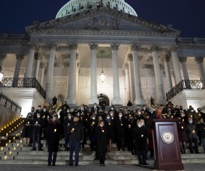epa09670917 US Speaker of the House Nancy Pelosi (Front 3-L), Senate Majority Leader Chuck Schumer (Front 2-L), House Majority Leader Steny Hoyer (Front L), along with  members of Congress and staff; attend a prayer vigil to mark the one-year anniversary of the January 6th attack on the Capitol, in Washington, DC, USA, 06 January 2022. US Speaker of the House Nancy Pelosi and Senate Majority Leader Chuck Schumer held a prayer vigil with other members of Congress and staff to commemorate the anniversary of the US Capitol riot when Trump supporters stormed the building as the 2020 presidential election results were being formally certified.  EPA/MICHAEL REYNOLDS