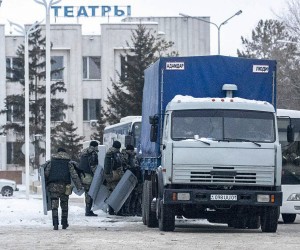 epa09672801 Kazakh servicemen guard an area in downtown Nur-Sultan, the capital city of Kazakhstan, 08 January 2022. Mass protests erupted in the Central Asian country in the first days of 2022, amid the discontent of the residents of the cities of Zhanaozen and Aktau in the west of the country after the rise in prices of liquefied petroleum gas (LPG), which is widely used to refuel cars. Subsequently, protesters took to the streets in other cities, where several clashes with security forces made victims from all sides. Kazakh President Tokayev dismissed the government and ordered the introduction of regulation of selling prices for fuel, but the unrest continued. He also headed a Security Council, at the first meeting of which he called the situation in Kazakhstan 'undermining the integrity of the state' and said that he had turned to the Collective Security Treaty Organization (CSTO) for help. During the riots, members of the CSTO organization sent collective peacekeeping forces to the country at the request of the Kazakh president.  EPA/RADMIR FAHRUTDINOV