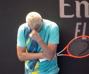 epa09678109 Australia’s Bernard Tomic is seen in action during his match against Russia’s Roman Safiullin during their Australian Open Qualifying match at Kia Arena in Melbourne Park, Melbourne, Australia, 11 January 2022.  EPA/LUIS ASCUI AUSTRALIA AND NEW ZEALAND OUT