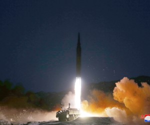 epa09679577 Kim Jong Un, general secretary of the Workers' Party of Korea (WPK) and president of the State Affairs of the Democratic People's Republic of Korea (DPRK), watched the test-fire of hypersonic missile conducted by the Academy of Defence Science, photo taken at an undisclosed location, 11 January 2022 (issued on 12 January 2022).  EPA/KCNA   EDITORIAL USE ONLY