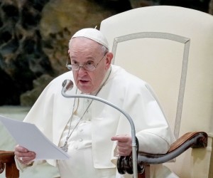 epa09680072 Pope Francis leads the weekly general audience in Paul VI Hall, Vatican City, 12 January 2022.  EPA/ALESSANDRO DI MEO