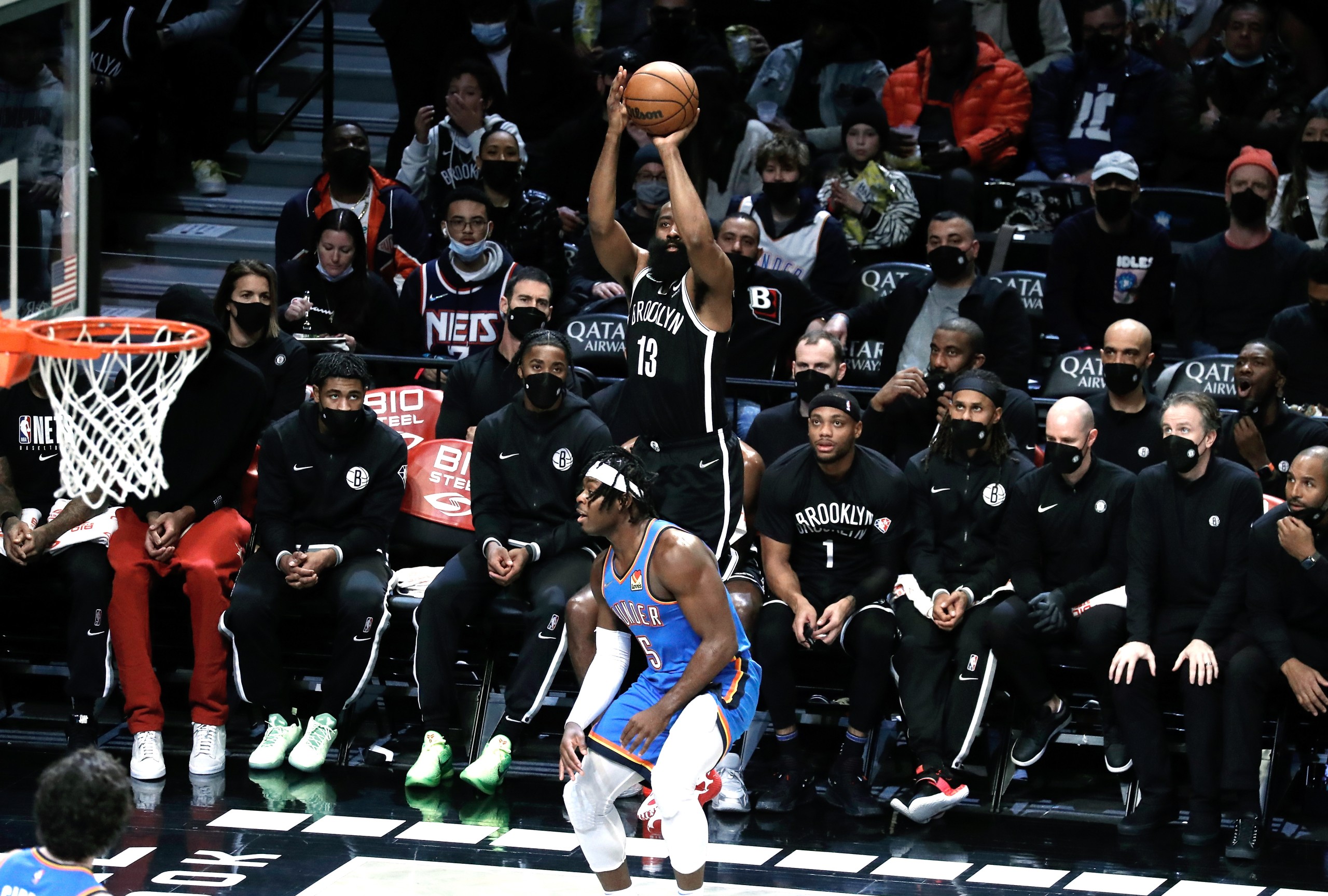 epa09684190 Brooklyn Nets guard James Harden (C) is defended by Oklahoma City Thunder players during the first half of the NBA basketball game between the Brooklyn Nets and the   Oklahoma City Thunder at Barclays Center in Brooklyn, New York, USA, 13 January  2022.  EPA/Peter Foley  SHUTTERSTOCK OUT