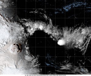 epa09686962 A handout satellite image made available by the Cooperative Institute for Research in the Atmosphere (CIRA) and the National Oceanic and Atmospheric Administration (NOAA) shows an explosive eruption of the Hunga Tonga-Hunga Ha'apai volcano (L), located in the South Pacific Kingdom of Tonga, 15 January 2022. The eruption on 15 January, the second in only two days, was the latest in a series of eruptions from the undersea volcano. According to a Public Notice from the Tonga Geological Services monitoring the Hunga-Tonga-Hunga-Ha'apai (HTHH) issued on 15 January 2022, satellite images captured on the day indicated that the volcanic eruption continued, with ash plume emission.  EPA/CIRA/NOAA HANDOUT  HANDOUT EDITORIAL USE ONLY/NO SALES