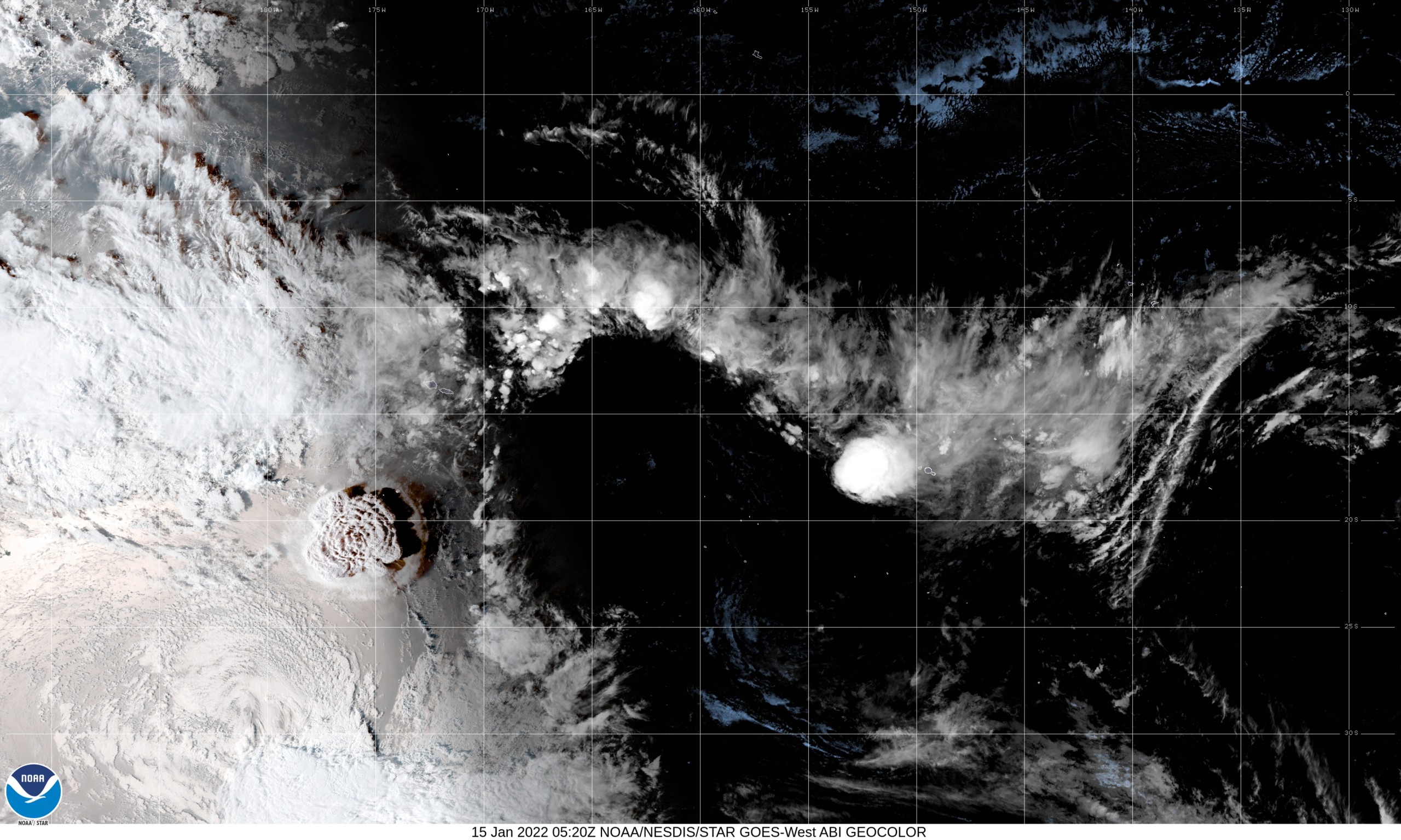 epa09686962 A handout satellite image made available by the Cooperative Institute for Research in the Atmosphere (CIRA) and the National Oceanic and Atmospheric Administration (NOAA) shows an explosive eruption of the Hunga Tonga-Hunga Ha'apai volcano (L), located in the South Pacific Kingdom of Tonga, 15 January 2022. The eruption on 15 January, the second in only two days, was the latest in a series of eruptions from the undersea volcano. According to a Public Notice from the Tonga Geological Services monitoring the Hunga-Tonga-Hunga-Ha'apai (HTHH) issued on 15 January 2022, satellite images captured on the day indicated that the volcanic eruption continued, with ash plume emission.  EPA/CIRA/NOAA HANDOUT  HANDOUT EDITORIAL USE ONLY/NO SALES