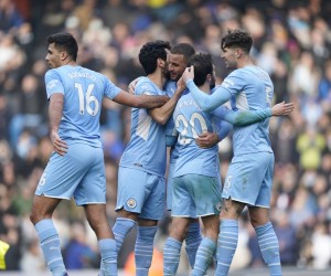 epa09687402 Manchester City players celebrate after the English Premier League soccer match between Manchester City and Chelsea FC in Manchester, Britain, 15 January 2022.  EPA/Tim Keeton EDITORIAL USE ONLY. No use with unauthorized audio, video, data, fixture lists, club/league logos or 'live' services. Online in-match use limited to 120 images, no video emulation. No use in betting, games or single club/league/player publications