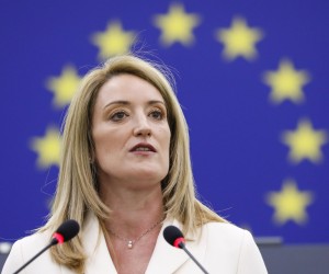 epa09692385 Acting president of the European Parliament Roberta Metsola delivers a speech at the European Parliament in Strasbourg, France, 18 January 2022. MEPs will elect the Parliament's new President, 14 Vice-Presidents and five Quaestors and will determine the composition of the Bureau for the next two-and-a-half years.  EPA/JULIEN WARNAND