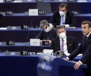 epa09694828 French President Emmanuel Macron delivers a speech in the context of the French Presidency of the Council of the European Union at the European Parliament in Strasbourg, France, 19 January 2022. France will chair the European Council from 01 January 2022 to 30 June 2022.  EPA/JULIEN WARNAND