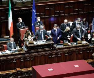 epa09707038 Elisabetta Alberti Casellati and Roberto Fico during the vote in the Lower House (Chamber of Deputies) as lawmakers from both houses of parliament and regional representatives start voting to elect Italy's new President, in Rome, Italy, 24 January 2022. Most of 1,009 'grand electors' are expected to cast blank papers in the first ballot with no deal so far between the major political parties on who should replace President Mattarella, whose seven-year term is coming to an end.  EPA/ROBERTO MONALDO / POOL