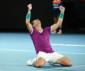 epa09718210 Rafael Nadal of Spain celebrates after defeating Daniil Medvedev of Russia in the men’s singles final at the Australian Open grand slam tennis tournament at Melbourne Park in Melbourne, Australia, 30 January 2022.  EPA/DEAN LEWINS AUSTRALIA AND NEW ZEALAND OUT