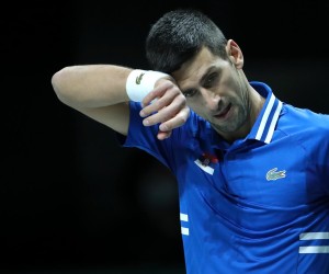 03.12.2021., Arena Madrid, Madrid, Spanjolska - Davis kup, polufinale, Hrvatska - Srbija. Novak Djokovic u drugom mecu igra protiv  Marina Cilica.  Photo: Sanjin Strukic/PIXSELL