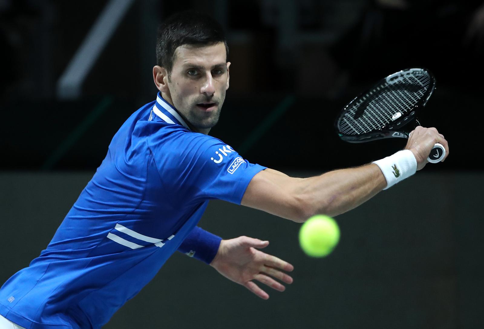 03.12.2021., Arena Madrid, Madrid, Spanjolska - Davis kup, polufinale, Hrvatska - Srbija. Novak Djokovic u drugom mecu igra protiv  Marina Cilica.  Photo: Sanjin Strukic/PIXSELL