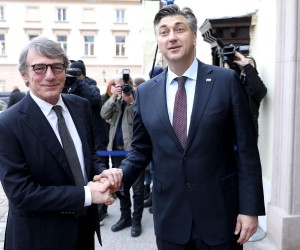 05.12.2019., Zagreb - Predsjednik Vlade Andrej Plenkovic sastao se u Banskim dvorima s predsjednikom Europskog parlamenta Davidom Sassolijem . rPhoto: Patrik Macek/PIXSELL