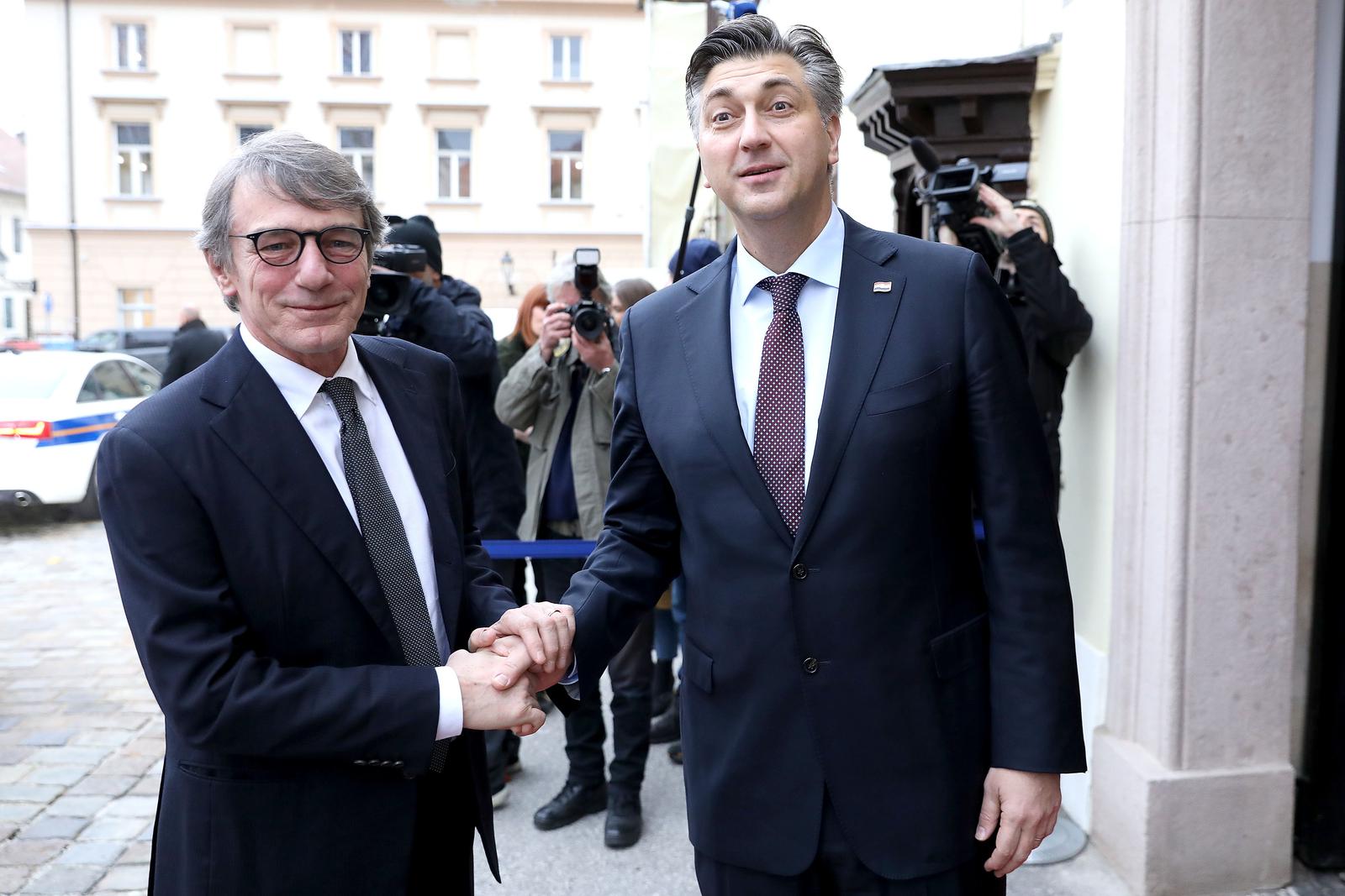 05.12.2019., Zagreb - Predsjednik Vlade Andrej Plenkovic sastao se u Banskim dvorima s predsjednikom Europskog parlamenta Davidom Sassolijem . rPhoto: Patrik Macek/PIXSELL