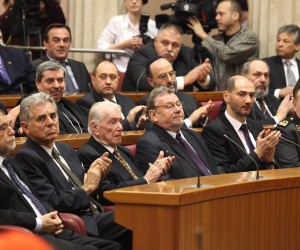 22.12.2011., Zagreb - Nakon parlamentarnih izbora odrzana je konstituirajuca sjednica 7. saziva Hrvatskog sabora. Stipe Mesic, Zarko Domljan, Vladimir Seks, Nedjeljko Mihanovic.  Photo: Patrik Macek/PIXSELL