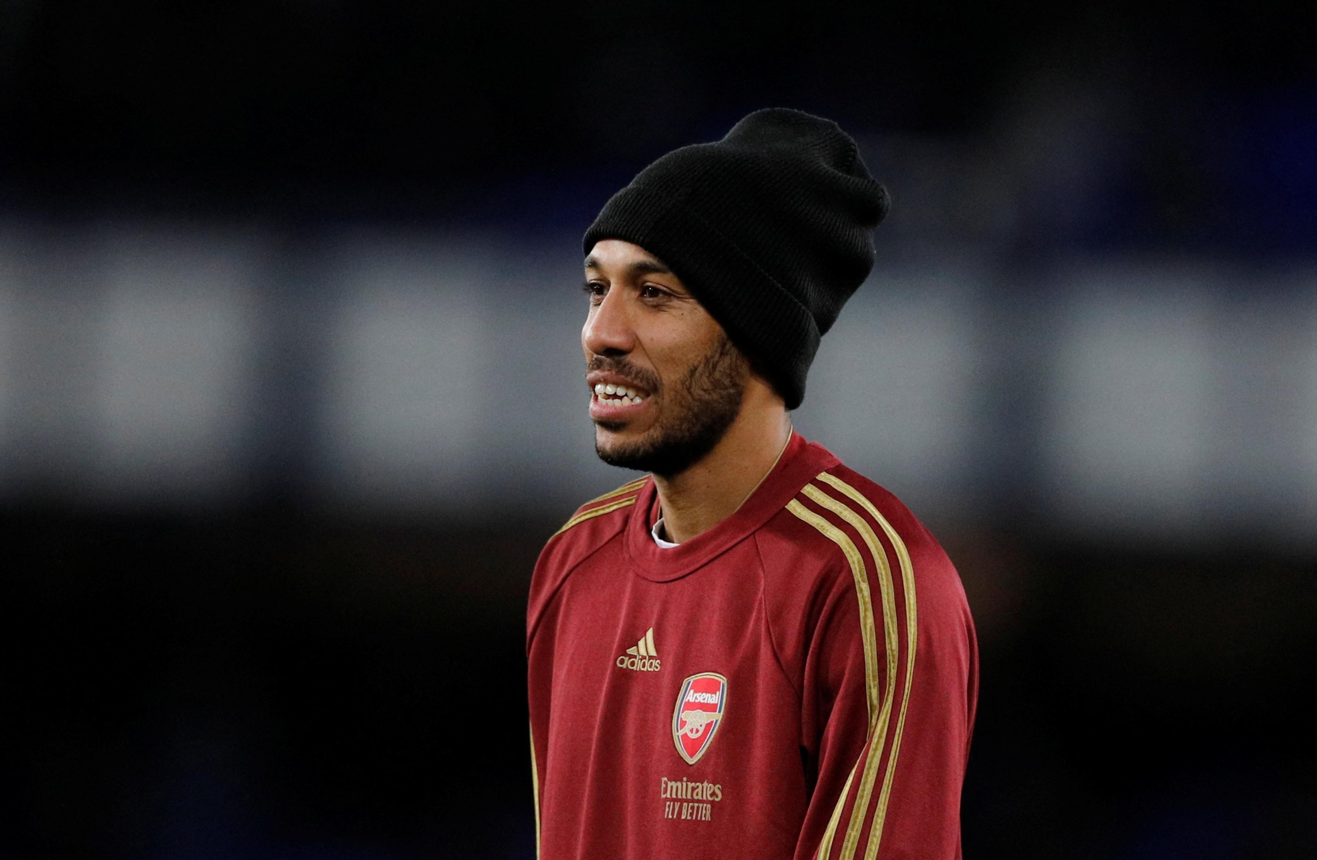 FILE PHOTO: Soccer Football - Premier League - Everton v Arsenal - Goodison Park, Liverpool, Britain - December 6, 2021  Arsenal's Pierre-Emerick Aubameyang during the warm up before the match REUTERS/Phil Noble EDITORIAL USE ONLY. No use with unauthorized audio, video, data, fixture lists, club/league logos or 'live' services. Online in-match use limited to 75 images, no video emulation. No use in betting, games or single club /league/player publications.  Please contact your account representative for further details./File Photo Photo: Phil Noble/REUTERS