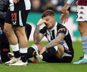 Soccer Football - Premier League - Newcastle United v Aston Villa - St James' Park, Newcastle, Britain - February 13, 2022 Newcastle United's Kieran Trippier receives medical attention after sustaining an injury Action Images via Reuters/Lee Smith EDITORIAL USE ONLY. No use with unauthorized audio, video, data, fixture lists, club/league logos or 'live' services. Online in-match use limited to 75 images, no video emulation. No use in betting, games or single club /league/player publications.  Please contact your account representative for further details.