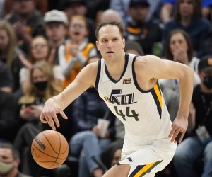 Utah Jazz forward Bojan Bogdanovic (44) brings the ball up court in the first half during an NBA basketball game against the Golden State Warriors Wednesday, Feb. 9, 2022, in Salt Lake City. (AP Photo/Rick Bowmer)