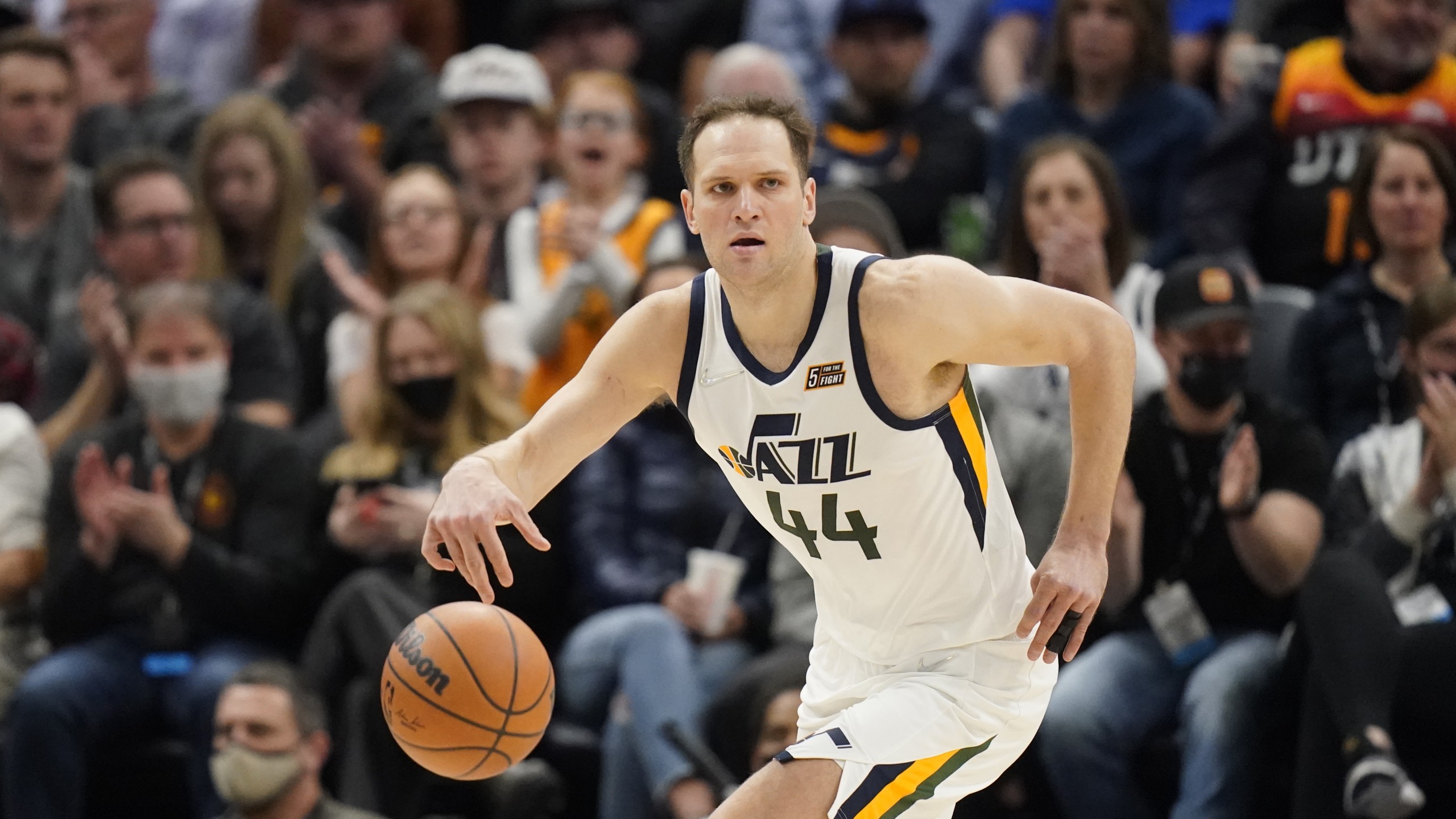 Utah Jazz forward Bojan Bogdanovic (44) brings the ball up court in the first half during an NBA basketball game against the Golden State Warriors Wednesday, Feb. 9, 2022, in Salt Lake City. (AP Photo/Rick Bowmer)