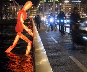 epa09695710 The new art installation 'Les Colosses' by Louxor Spectacle, is on display in Geneva, Switzerland, 19 January 2022, as one of the new light installations of the Geneva Lux Festival. In total, 23 light and decoration projects are presented around Lake Geneva and the city center. In this seventh edition of the festival, four new works complete those from last year. The arrangement of artworks by Swiss and international artists create a contemporary light show running from January 21 to February 06.  EPA/MARTIAL TREZZINI