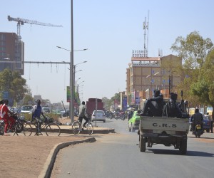 epa09706526 Police patrols quiet streets in Ouagadougou, Burkina Faso, 24 January 2022. Soldiers mutinied at several barracks overnight on 23 January. Civilian life continued as normal on 24 January after demonstrators clashed with police in support of the military on the previous day.  EPA/STR