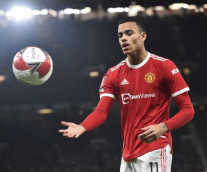 epa09718478 (FILE) - Manchester United's Mason Greenwood reacts during the English FA Cup third round soccer match between Manchester United and Aston Villa in Manchester, Britain, 10 January 2022 (reissued 30 January 2022). English Premier League club Manchester United on 30 January 2022 released a statement saying Greenwood "will not return to training or play matches until further notice" amid accussations that the player had physically assaulted his ex-girlfriend.  EPA/Peter Powell EDITORIAL USE ONLY. No use with unauthorized audio, video, data, fixture lists, club/league logos or 'live' services. Online in-match use limited to 120 images, no video emulation. No use in betting, games or single club/league/player publications