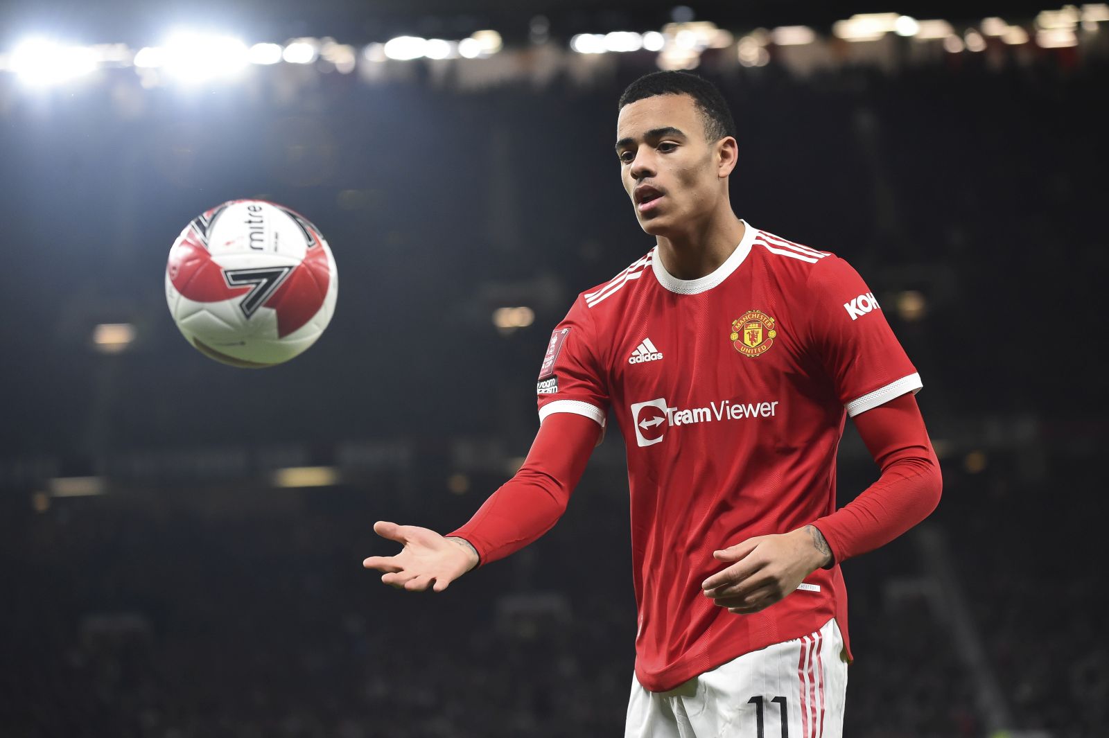 epa09718478 (FILE) - Manchester United's Mason Greenwood reacts during the English FA Cup third round soccer match between Manchester United and Aston Villa in Manchester, Britain, 10 January 2022 (reissued 30 January 2022). English Premier League club Manchester United on 30 January 2022 released a statement saying Greenwood "will not return to training or play matches until further notice" amid accussations that the player had physically assaulted his ex-girlfriend.  EPA/Peter Powell EDITORIAL USE ONLY. No use with unauthorized audio, video, data, fixture lists, club/league logos or 'live' services. Online in-match use limited to 120 images, no video emulation. No use in betting, games or single club/league/player publications