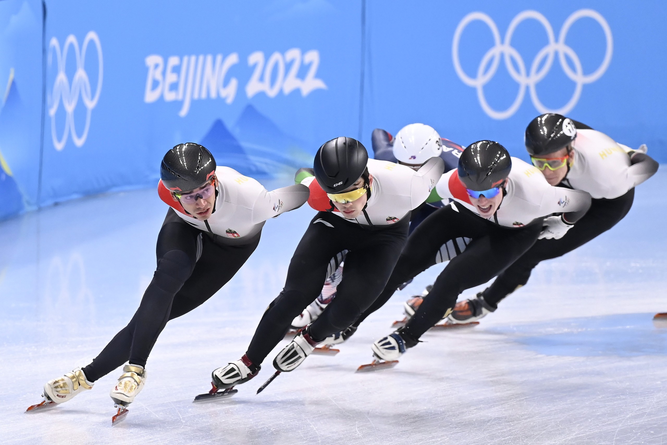 epa09721353 (L-R) Speed skaters of Hungary Sandor Liu Shaolin, John-Henry Krueger, Bence Nogradi and Daniel Tiborcz attend a training session ahead of the 2022 Winter Olympics at National Speed Skating Oval, in Beijing, China, 01 February 2022. The Beijing 2022 Winter Olympics is scheduled to start on 04 February 2022.  EPA/Tamas Kovacs HUNGARY OUT
