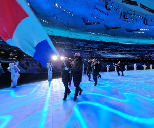 Peking, 04.02.2022 - Svecanost otvaranja Zimskih olimpijskih igara u Pekingu pocela je u petak u 20 sati po lokalnom vremenu (13 sati po srednjoeuropskom vremenu) na Nacionalnom stadionu. Hrvatsku zastavu na otvaranju nosi skijaica Zrinka Ljutic i skijaki trkac Marko Skender. Na slici hrvatski sportai tijekom otvaranja Zimskih olimpijskih igara.
foto HINA/ HOO/ Jaki Franja/ ds