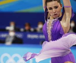 epa09731349 Kamila Valieva of Russia performs in the Women Single Skating Short Program of the Figure Skating Team Event at the Beijing 2022 Olympic Games, Beijing, China, 06 February 2022.  EPA/HOW HWEE YOUNG