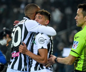 epa09733559 Udinese's Nahuel Molina (C) celebrates after scoring a goal 1-0 with Udinese's Rodrigo Nascimento Becao during the Italian Serie A soccer match Udinese Calcio vs Torino FC at the Friuli - Dacia Arena stadium in Udine, Italy, 06 February 2022.  EPA/ETTORE GRIFFONI