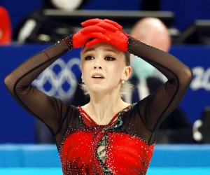 epa09734599 Kamila Valieva of Russia reacts during the Woman Single Skating - Free Skating of the Figure Skating Team Event at the Beijing 2022 Olympic Games, Beijing, China, 07 February 2022.  EPA/FAZRY ISMAIL