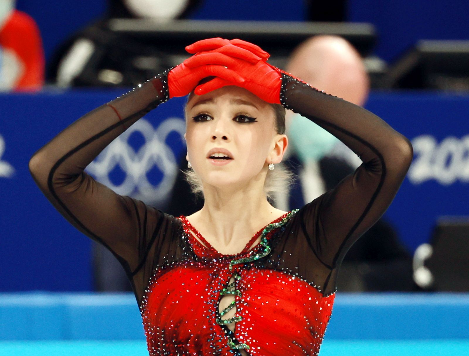 epa09734599 Kamila Valieva of Russia reacts during the Woman Single Skating - Free Skating of the Figure Skating Team Event at the Beijing 2022 Olympic Games, Beijing, China, 07 February 2022.  EPA/FAZRY ISMAIL