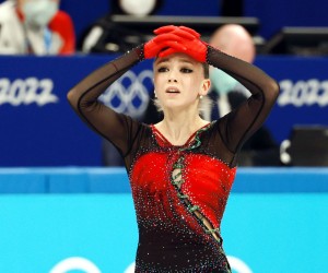 epa09734599 Kamila Valieva of Russia reacts during the Woman Single Skating - Free Skating of the Figure Skating Team Event at the Beijing 2022 Olympic Games, Beijing, China, 07 February 2022.  EPA/FAZRY ISMAIL