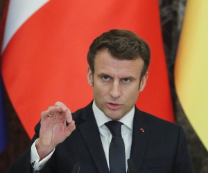 epa09738671 French President Emmanuel Macron holds a joint press conference with his Ukrainian counterpart following their meeting in Kiev, Ukraine, 08 February 2022. French President Macron is in Ukraine to defuse the tensions around Ukraine in Kiev the day after hours of talks with the Russian president in Moscow.  EPA/SERGEY DOLZHENKO