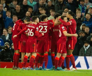 epa09744985 Liverpool's Diogo Jota (2-R) celebrates after scoring his team's first goal during the English Premier League soccer match between Liverpool and Leicester City at the Anfield, Liverpool, Britain, 10 February 2022.  EPA/PETER POWELL EDITORIAL USE ONLY. No use with unauthorized audio, video, data, fixture lists, club/league logos or 'live' services. Online in-match use limited to 120 images, no video emulation. No use in betting, games or single club/league/player publications
