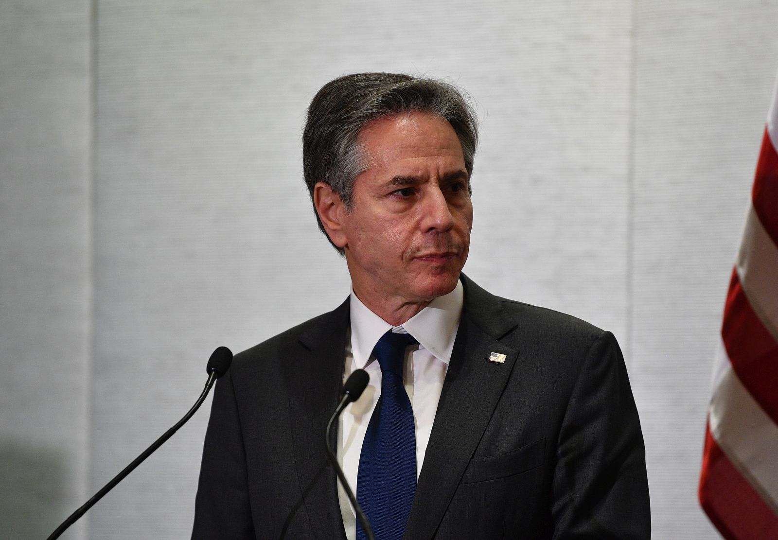 epa09745999 US Secretary of State Antony Blinken looks on during a press conference following the Quad Foreign Ministers' Meeting in Melbourne, Australia, 11 February 2022.  EPA/JAMES ROSS AUSTRALIA AND NEW ZEALAND OUT