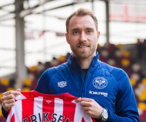 epa09747532 Danish soccer player Christian Eriksen is presented as a new player of English Premier League soccer club Brentford F.C. at Brentford Community Stadium in London, Britain, 11 February 2022. Christian Eriksen has been fitted with an implanted cardioverter-defibrillator (ICD), a type of pacemaker after collapsing while playing for Denmark at Euro 2020 and suffering cardiac arrest.  EPA/VICKIE FLORES