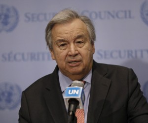 epa09757001 United Nations Secretary General Antonio Guterres gives a statement on Ukraine at United Nations headquarters in New York, New York, USA, 14 February 2022.  EPA/Peter Foley